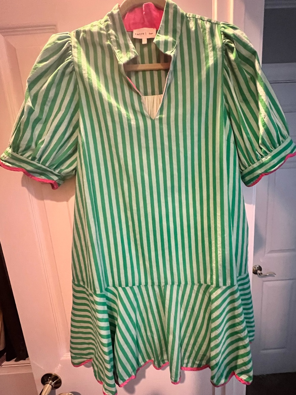 Ladies Green Stripe Drop-Waist Dress with Pink Trim